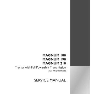 Pode incluir: Um manual de servi&ccedil;o com o texto "MAGNUM 180, MAGNUM 190, MAGNUM 210" e "Trator com Transmiss&atilde;o Full Powershift". O manual &eacute; branco com texto preto e uma borda cinza. O logotipo da Case IH Agriculture est&aacute; no canto inferior direito.