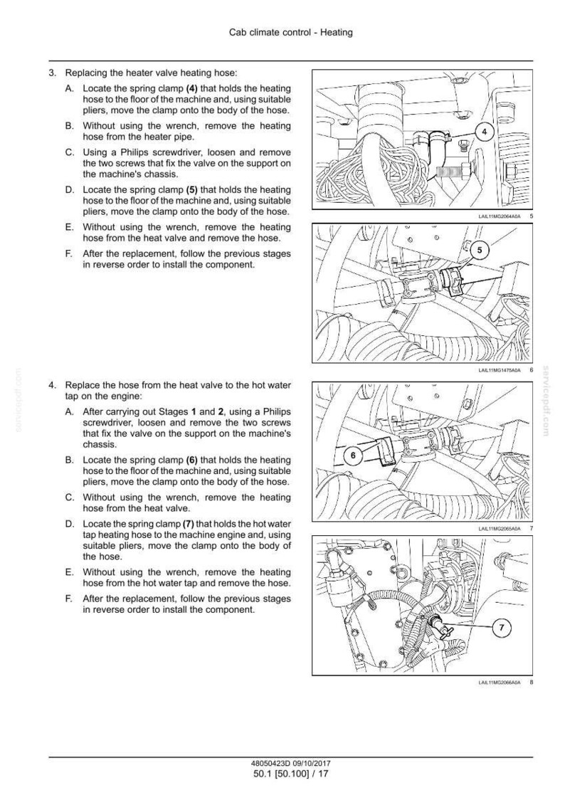 May include: Diagram of a vehicle's heating system, detailing the replacement of the heater valve heating hose. Includes numbered steps and close-up views of clamps and hoses. Text instructions are also included.