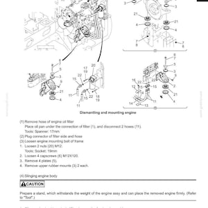 K&ouml;nnte beinhalten: Eine Seite aus einem technischen Handbuch mit dem Titel 33. UPPER SLEWING STRUCTURE 33.1.13.2 REMOVAL, die schwarz-wei&szlig;e Strichzeichnungen von Motorkomponenten, nummerierte Teile und Montagepl&auml;ne zeigt. Der Text enth&auml;lt Anweisungen zur Demontage, Montage und zum Anschlagen des Motors mit Spezifikationen wie 200 kg und 6 mm Durchmesser x 1 m L&auml;nge f&uuml;r die technischen Arbeiten.