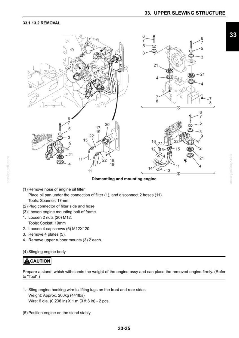K&ouml;nnte beinhalten: Eine Seite aus einem technischen Handbuch mit dem Titel 33. UPPER SLEWING STRUCTURE 33.1.13.2 REMOVAL, die schwarz-wei&szlig;e Strichzeichnungen von Motorkomponenten, nummerierte Teile und Montagepl&auml;ne zeigt. Der Text enth&auml;lt Anweisungen zur Demontage, Montage und zum Anschlagen des Motors mit Spezifikationen wie 200 kg und 6 mm Durchmesser x 1 m L&auml;nge f&uuml;r die technischen Arbeiten.