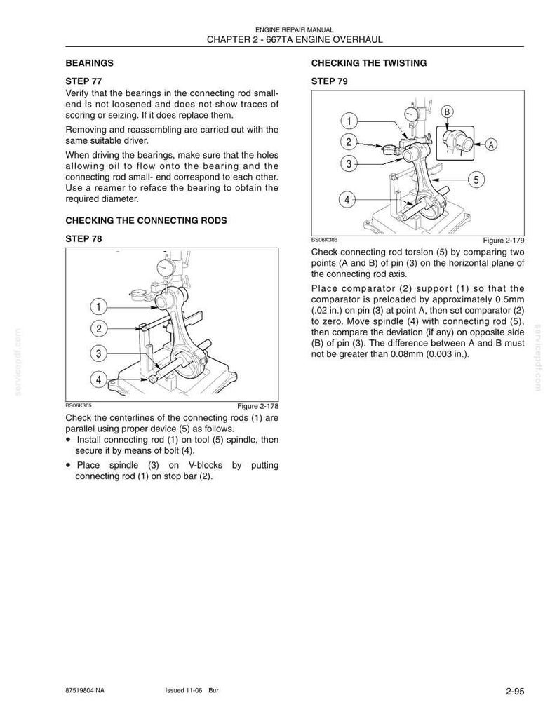 May include: A page from an engine repair manual titled Chapter 2 - 667TA Engine Overhaul. It features technical text and two diagrams, Figure 2-178 and Figure 2-179, illustrating the process of checking connecting rods and torsion with numbered parts.