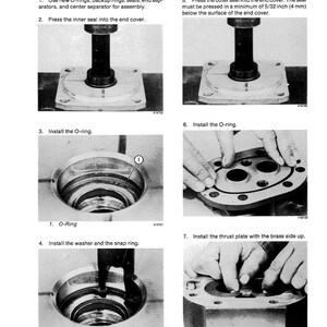 May include: Assembly instructions with numbered steps and accompanying images. The steps include installing O-rings, seals, and washers. The text mentions measurements in inches.