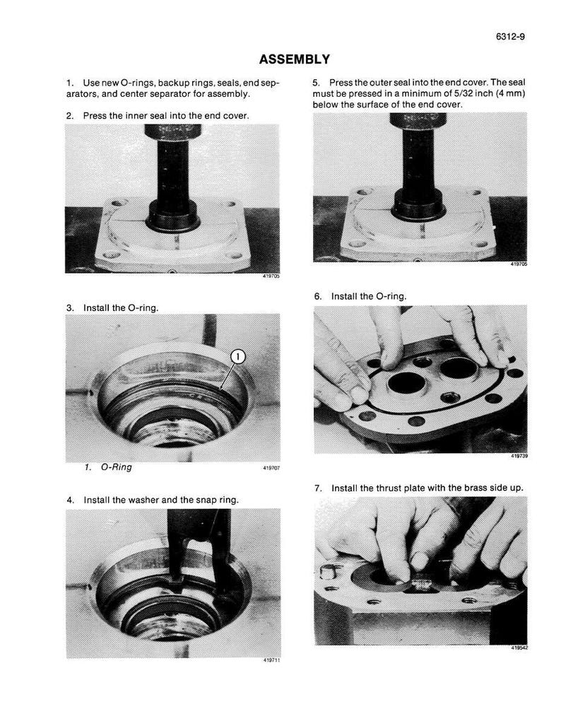 May include: Assembly instructions with numbered steps and accompanying images. The steps include installing O-rings, seals, and washers. The text mentions measurements in inches.