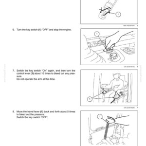 Puede incluir: Diagramas que ilustran los pasos para un sistema hidr&aacute;ulico. Las instrucciones incluyen atar una varilla de cilindro con alambre, apagar un interruptor de llave, volver a encenderlo y mover una palanca de desplazamiento. Los diagramas son en blanco y negro.