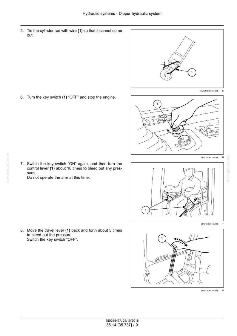 Puede incluir: Diagramas que ilustran los pasos para un sistema hidr&aacute;ulico. Las instrucciones incluyen atar una varilla de cilindro con alambre, apagar un interruptor de llave, volver a encenderlo y mover una palanca de desplazamiento. Los diagramas son en blanco y negro.