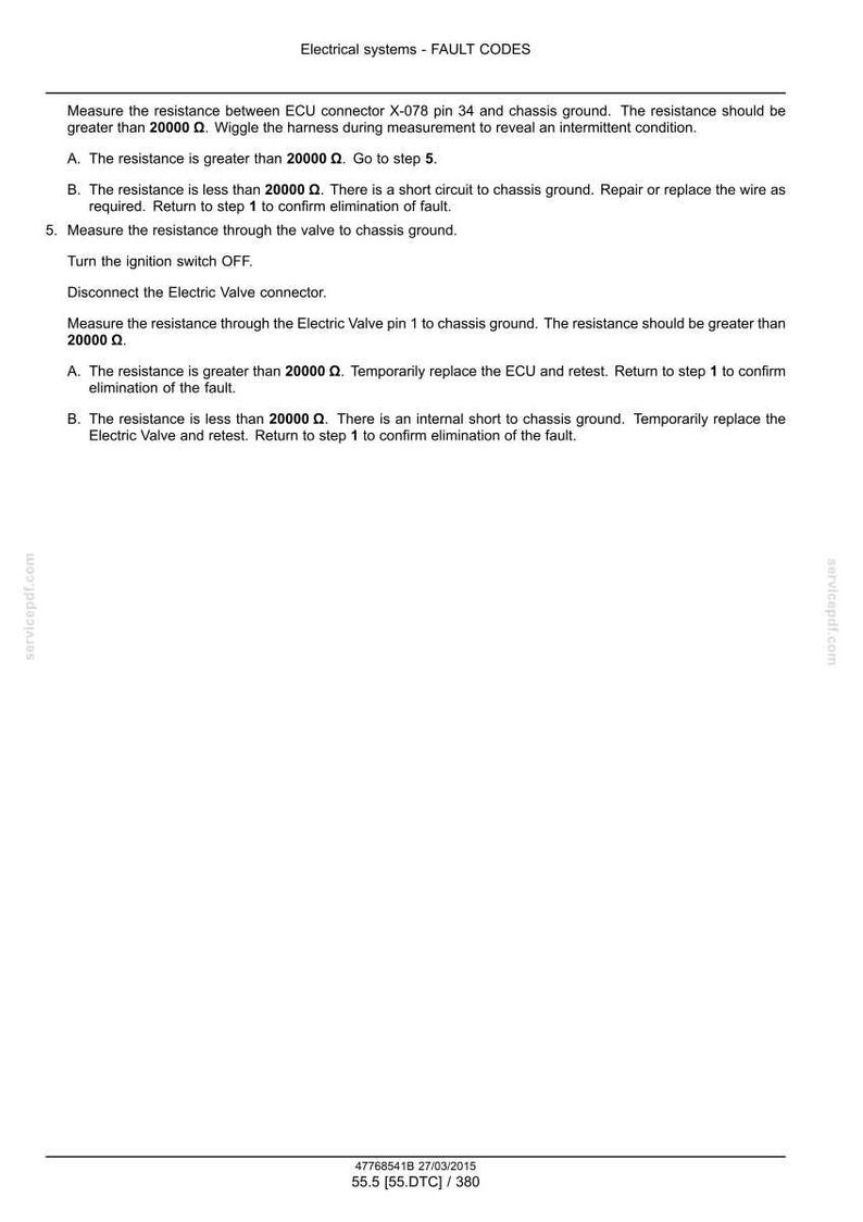May include: A white document with black text detailing electrical system fault codes. Instructions include measuring resistance, checking for short circuits, and replacing components. The document includes the text "Electrical systems - FAULT CODES".
