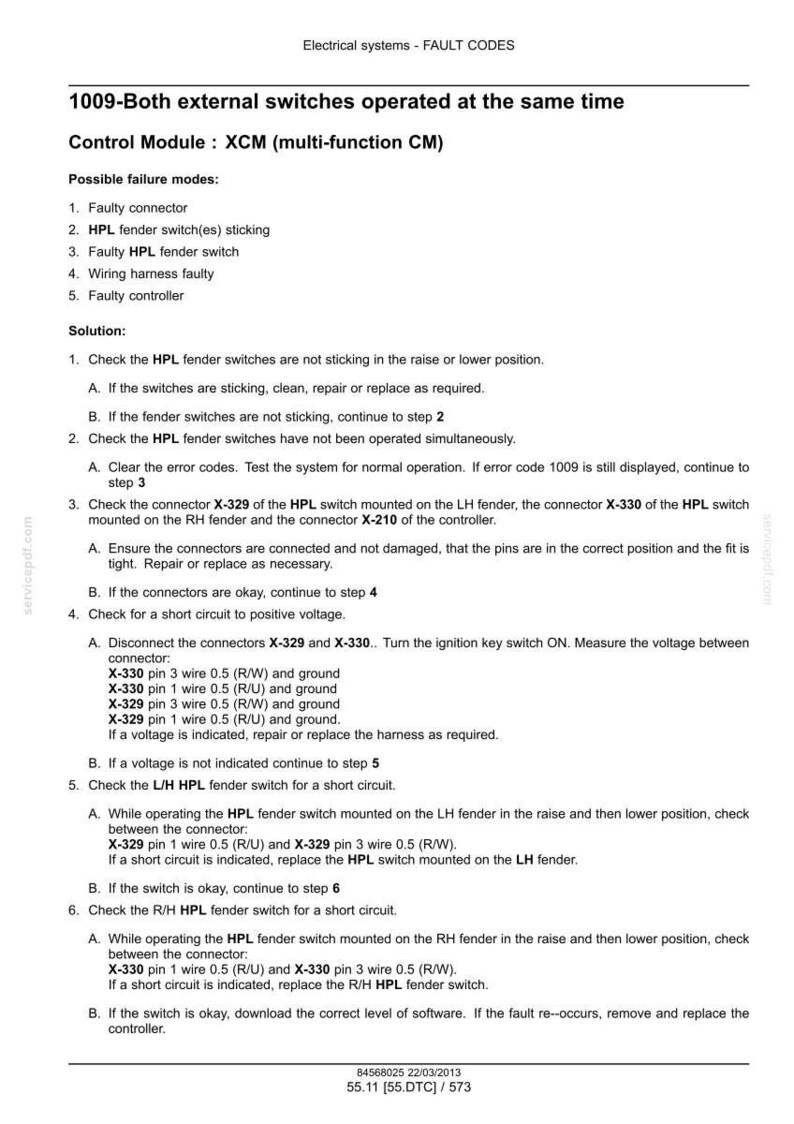 May include: A document detailing fault codes for electrical systems, specifically for the '1009-Both external switches operated at the same time' error. Includes troubleshooting steps, connector checks, and wiring diagrams for automotive repair.