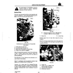 K&ouml;nnte beinhalten: Diagramm einer Pflugmaschine mit beschrifteten Teilen und Anweisungen. Enth&auml;lt Abbildungen der Anh&auml;ngepunkte, Ober- und Unterlenker sowie Abrei&szlig;kupplungen des Pflugs. Der Text enth&auml;lt Betriebsanweisungen.