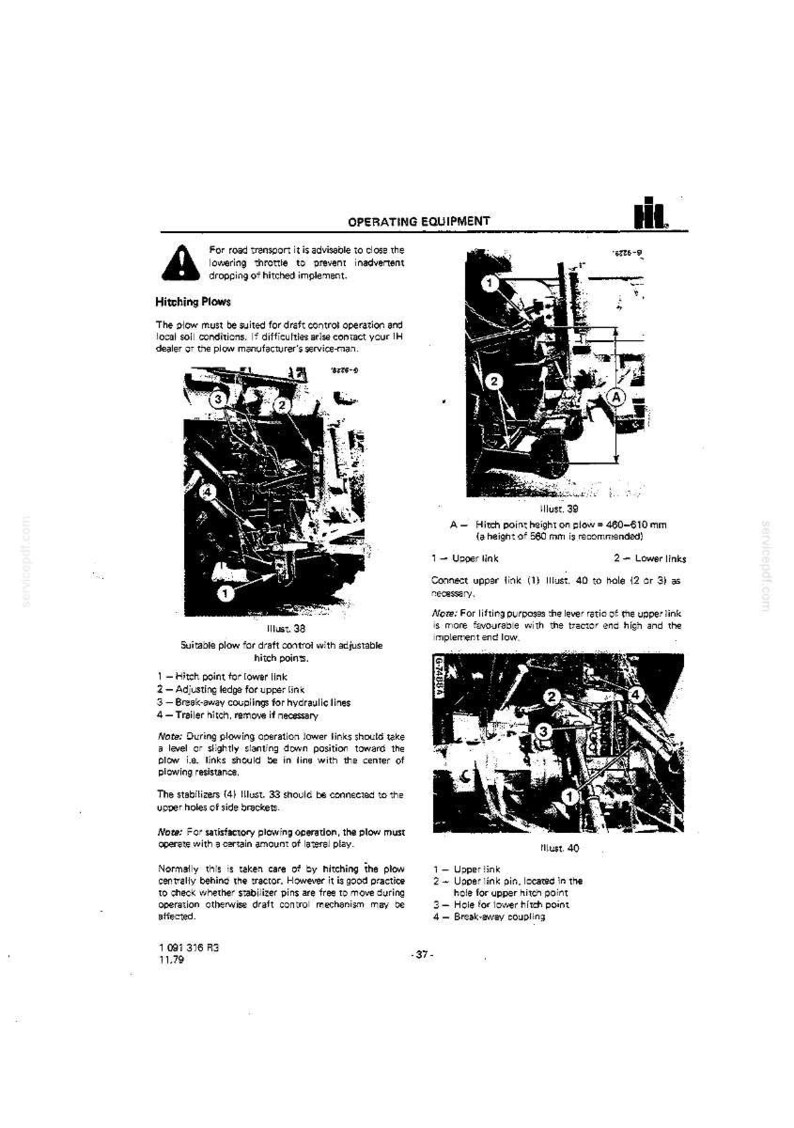 K&ouml;nnte beinhalten: Diagramm einer Pflugmaschine mit beschrifteten Teilen und Anweisungen. Enth&auml;lt Abbildungen der Anh&auml;ngepunkte, Ober- und Unterlenker sowie Abrei&szlig;kupplungen des Pflugs. Der Text enth&auml;lt Betriebsanweisungen.