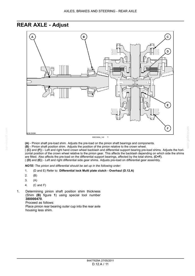 May include: A technical diagram titled AXLES, BRAKES AND STEERING - REAR AXLE showing a cross-section of a rear axle assembly. The illustration includes labels A through F pointing to specific components, with text explaining adjustment procedures.