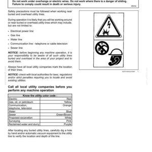 May include: A black and white safety information document titled Utility safety. It includes a warning about electrical shock hazards, instructions for working near buried utility lines, and a table listing utility color codes for identification.