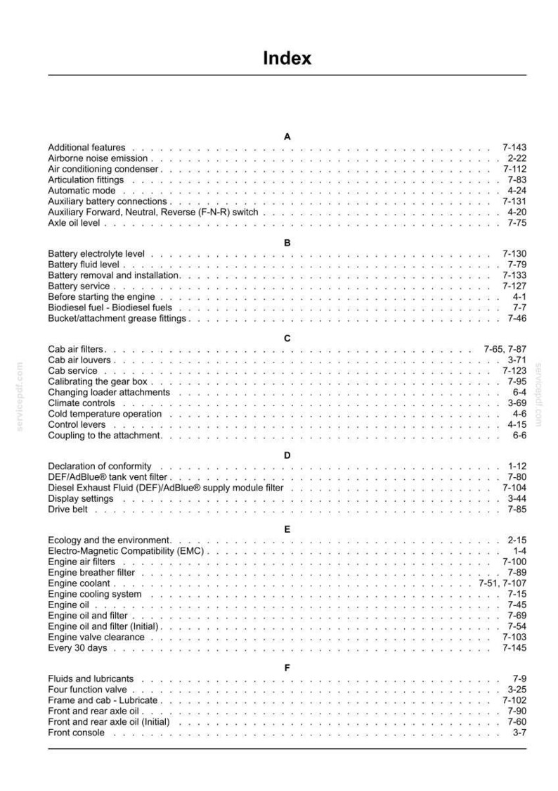 May include: Index page from a service manual, listing various automotive components and their corresponding page numbers. The text is black on a white background, organized alphabetically.