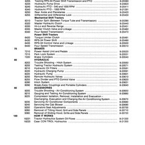May include: A printed page from a manual, featuring a detailed table of contents for tractor systems. The document is organized by sections and includes descriptions of various components like power train, brakes, and hydraulics, with corresponding form numbers.