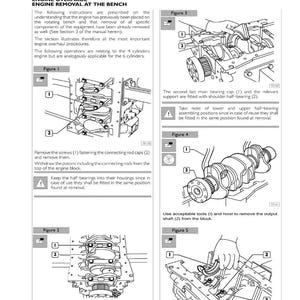 May include: An engine repair manual page with diagrams and instructions for engine overhaul. The page includes figures illustrating the removal of engine components, such as screws, caps, and shafts. Text details the procedures for 4-cylinder engines.