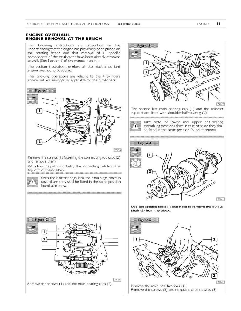 May include: An engine repair manual page with diagrams and instructions for engine overhaul. The page includes figures illustrating the removal of engine components, such as screws, caps, and shafts. Text details the procedures for 4-cylinder engines.