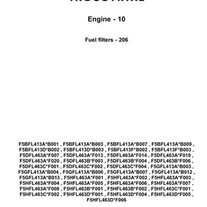 May include: CNH Industrial logo with the text "Engine - 10" and "Fuel filters - 206." Below are numerous part numbers for fuel filters, including F5BFL413A*B001 and F5HFL463D*F006. The image is on a white background.