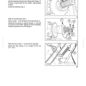 May include: Technical diagram from a manual showing mechanical components. Includes sprocket, shaft, washers, spring, and bolt assembly. Text indicates steps for assembly and measurements in inches.