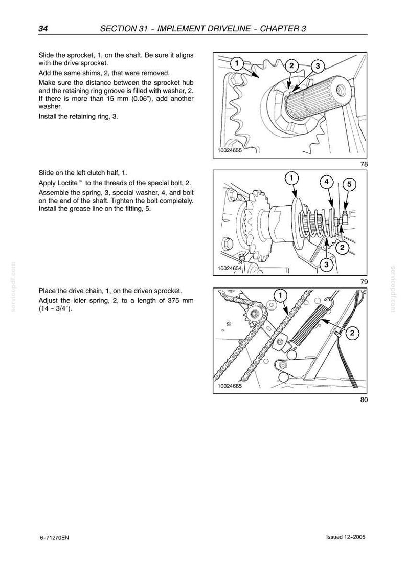 May include: Technical diagram from a manual showing mechanical components. Includes sprocket, shaft, washers, spring, and bolt assembly. Text indicates steps for assembly and measurements in inches.