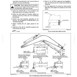 May include: Technical diagram with instructions for boom installation, including dust seal and pin installation details. Features diagrams with measurements in inches and millimeters, and text instructions. Includes warnings and specifications.