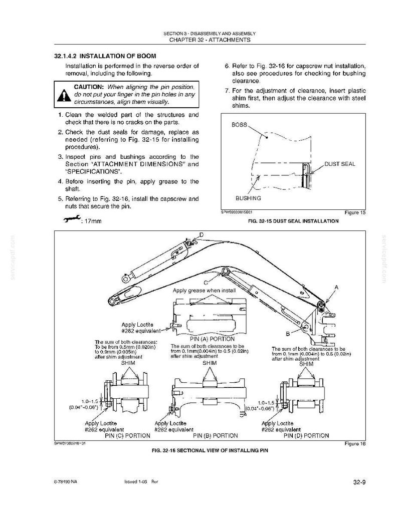 May include: Technical diagram with instructions for boom installation, including dust seal and pin installation details. Features diagrams with measurements in inches and millimeters, and text instructions. Includes warnings and specifications.