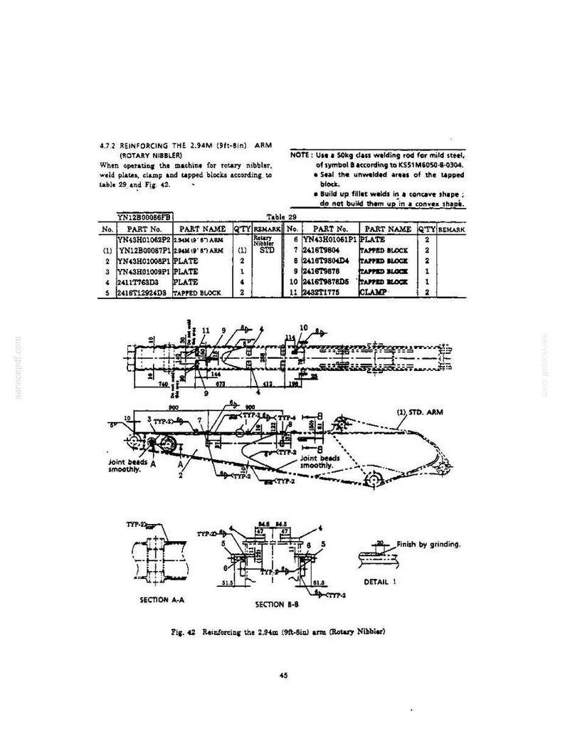 May include: A technical engineering diagram titled 4.7.2 REINFORCING THE 2.94M (9ft-8in) ARM (ROTARY NIBBLER) featuring a parts table, assembly instructions, and detailed cross-section views labeled Section A-A and Section B-B with numerical annotations.