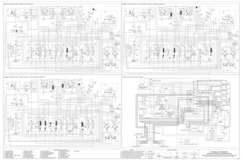 May include: A detailed schematic diagram of a hydraulic system for excavators, featuring complex wiring and component layouts. The diagram is printed on white paper, with black lines and symbols illustrating the system's functionality. The bottom right corner includes the title "HYDRAULIC SCHEMATIC, SKID & HYDRAULIC EXCAVATORS."