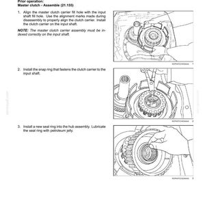 May include: Diagram of a master clutch installation process. The image shows step-by-step instructions with illustrations for assembling the clutch carrier, including aligning the fill hole, installing a snap ring, and inserting a seal ring.