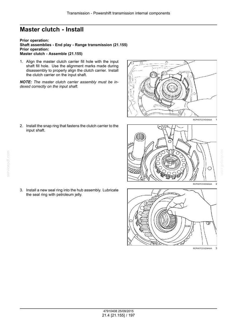 May include: Diagram of a master clutch installation process. The image shows step-by-step instructions with illustrations for assembling the clutch carrier, including aligning the fill hole, installing a snap ring, and inserting a seal ring.
