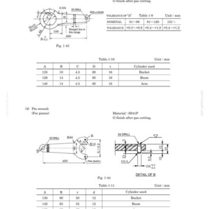May include: Technical engineering drawing of a hook wrench and a pin wrench, including detailed schematics, dimensions in millimeters, material specifications of SS41P, and tables listing specific measurements for bucket, boom, and arm cylinders.
