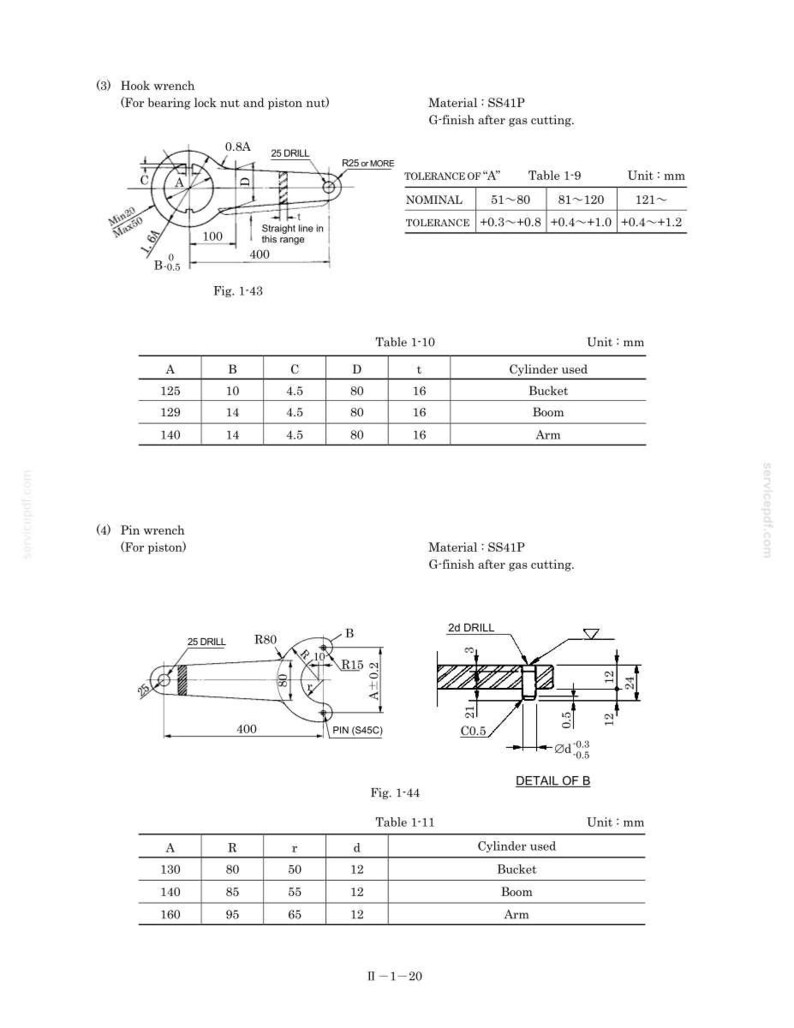May include: Technical engineering drawing of a hook wrench and a pin wrench, including detailed schematics, dimensions in millimeters, material specifications of SS41P, and tables listing specific measurements for bucket, boom, and arm cylinders.