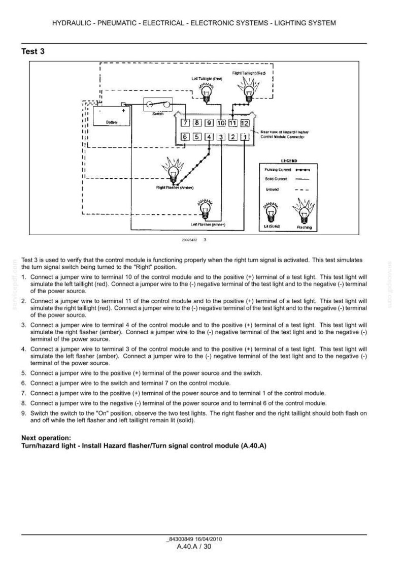 May include: Diagram of a lighting system test, with wiring schematics and labels. Includes a legend for pulsing current, solid current, and ground. Text reads "Test 3" and instructions for the test.