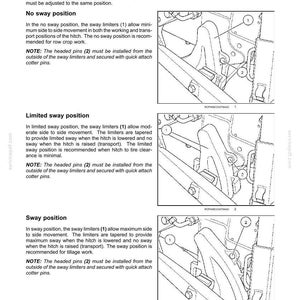 Op de afbeelding: Diagram van de afstelling van de zwaaibegrenzer van een tractor, met drie posities: geen zwaai, beperkte zwaai en zwaai. Bevat gelabelde onderdelen en tekstinstructies voor elke positie.