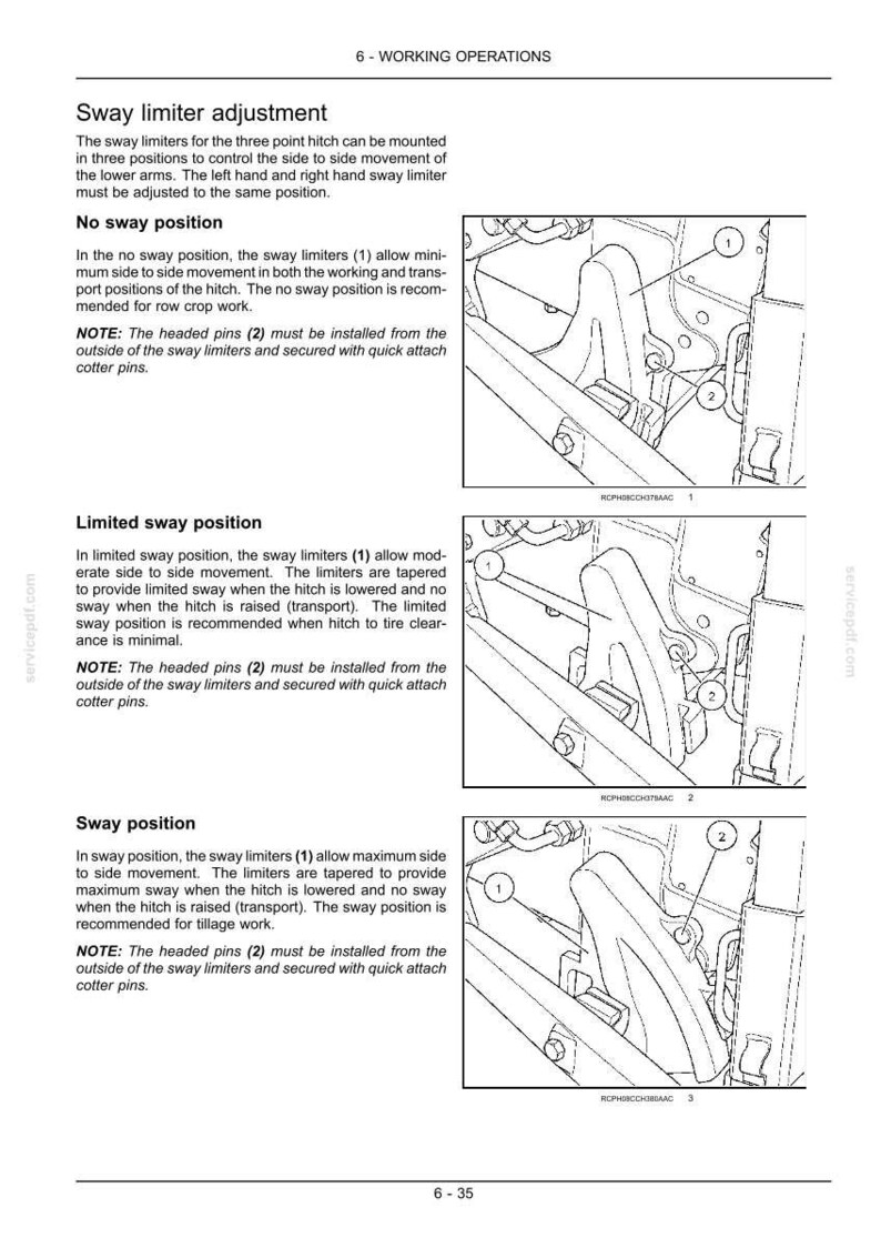 Op de afbeelding: Diagram van de afstelling van de zwaaibegrenzer van een tractor, met drie posities: geen zwaai, beperkte zwaai en zwaai. Bevat gelabelde onderdelen en tekstinstructies voor elke positie.