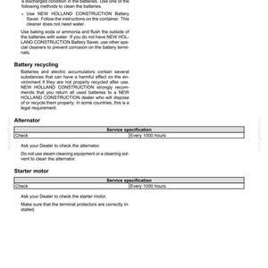 May include: A technical manual page titled 7-MAINTENANCE containing instructions for cleaning batteries, battery recycling, and service specifications for an alternator and starter motor, noting a check interval of every 1000 hours for both components.