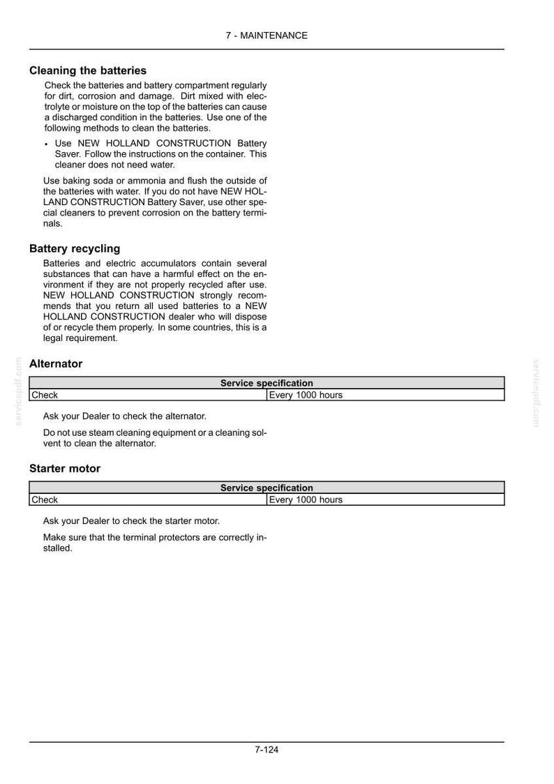 May include: A technical manual page titled 7-MAINTENANCE containing instructions for cleaning batteries, battery recycling, and service specifications for an alternator and starter motor, noting a check interval of every 1000 hours for both components.