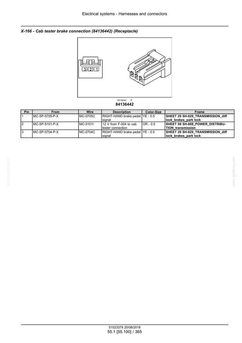 May include: Diagram of an electrical connector labeled X-166, with a receptacle design. Includes a table detailing pin connections, wire specifications, and descriptions such as "RIGHT-HAND brake pedal signal".