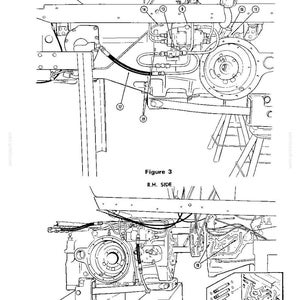 K&ouml;nnte beinhalten: Technische Illustration von Maschinenkomponenten, einschlie&szlig;lich Hydraulikleitungen, einem kreisf&ouml;rmigen Zahnrad und verschiedenen mechanischen Teilen. Das Bild ist mit Figuren und Seitenindikatoren beschriftet.