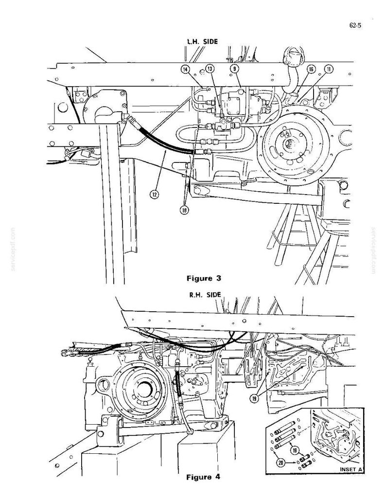 K&ouml;nnte beinhalten: Technische Illustration von Maschinenkomponenten, einschlie&szlig;lich Hydraulikleitungen, einem kreisf&ouml;rmigen Zahnrad und verschiedenen mechanischen Teilen. Das Bild ist mit Figuren und Seitenindikatoren beschriftet.