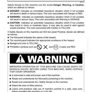 May include: A safety manual page with a warning symbol and the word "WARNING" in bold. The text explains safety decals, including "Danger," "Warning," and "Caution," with associated colors and hazard levels. The manual also provides instructions for safe machine operation.