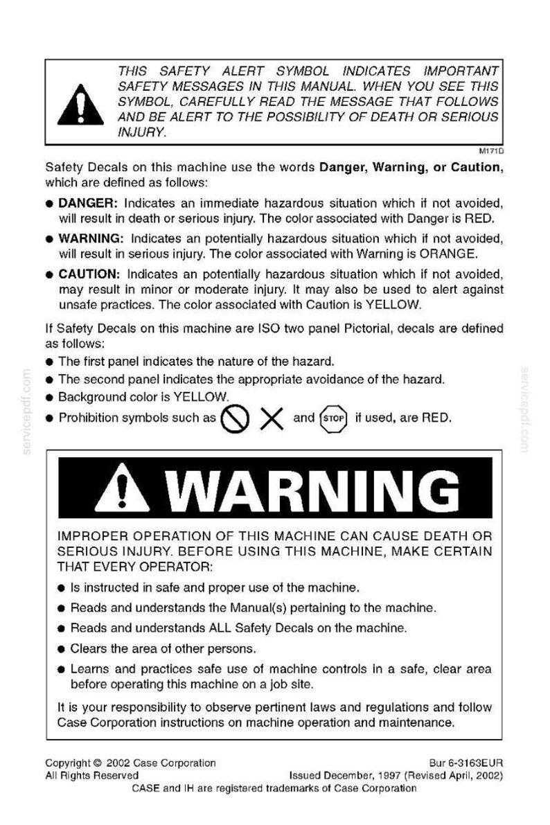 May include: A safety manual page with a warning symbol and the word "WARNING" in bold. The text explains safety decals, including "Danger," "Warning," and "Caution," with associated colors and hazard levels. The manual also provides instructions for safe machine operation.