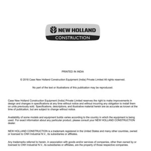 Puede incluir: Documento con el logotipo "NEW HOLLAND CONSTRUCTION" en un &oacute;valo gris y negro. El documento incluye texto sobre la empresa, sus marcas comerciales e informaci&oacute;n de contacto. El documento est&aacute; impreso en la India.