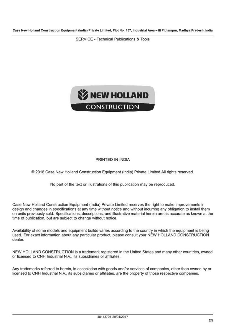 Puede incluir: Documento con el logotipo "NEW HOLLAND CONSTRUCTION" en un &oacute;valo gris y negro. El documento incluye texto sobre la empresa, sus marcas comerciales e informaci&oacute;n de contacto. El documento est&aacute; impreso en la India.