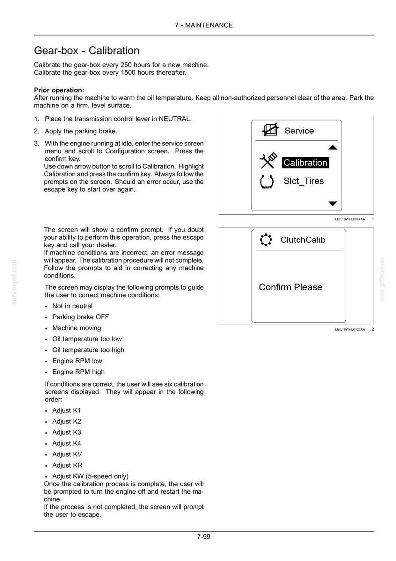 May include: A page from a maintenance manual detailing gear-box calibration procedures. The text includes instructions for new and used machines, with prompts for the user to follow. The image also shows a screen with calibration options.