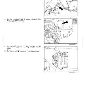 May include: Diagram illustrating steps to disconnect a battery. Step 3 shows disconnecting the positive cable. Step 4 shows removing the battery cover. Step 5 shows disconnecting the negative cable. Step 6 shows removing the bolt and hold-down bar.