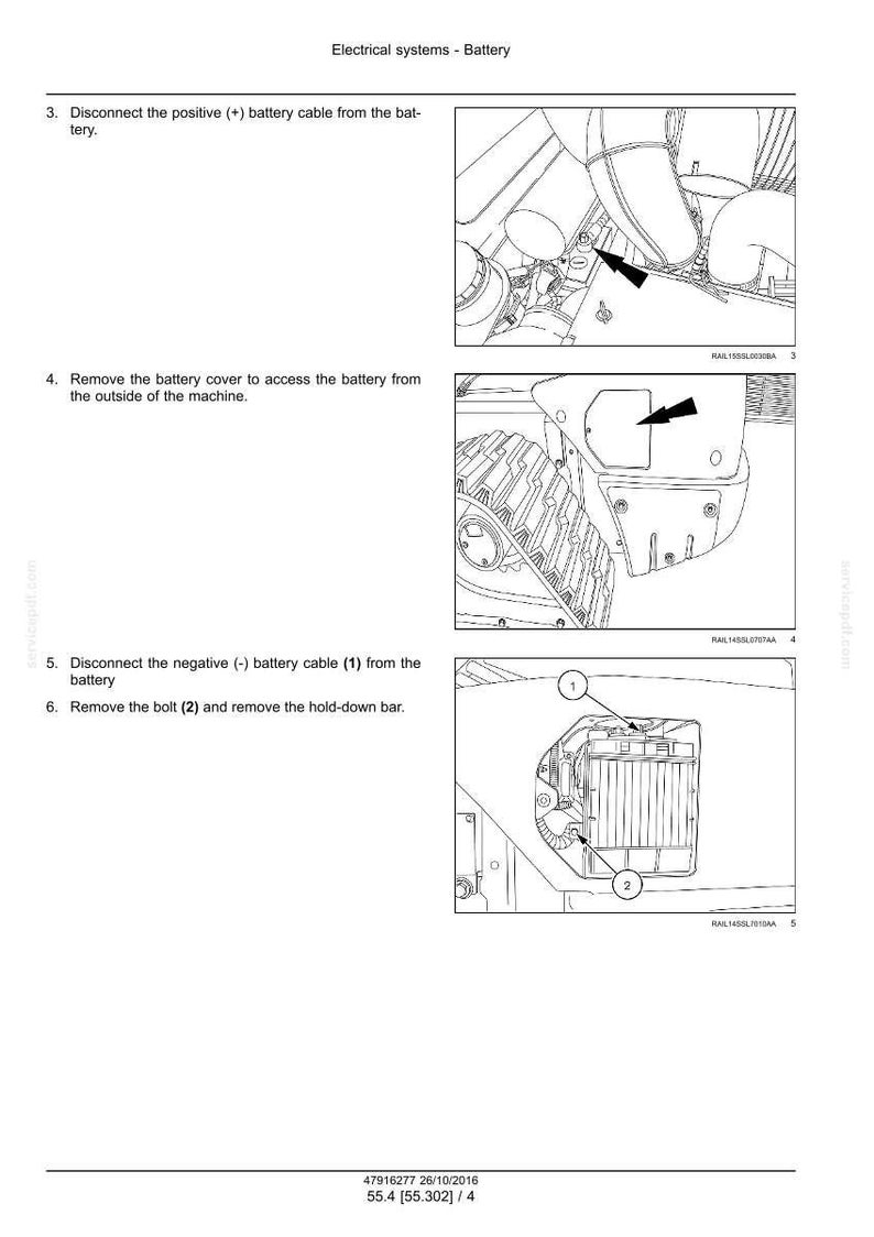 May include: Diagram illustrating steps to disconnect a battery. Step 3 shows disconnecting the positive cable. Step 4 shows removing the battery cover. Step 5 shows disconnecting the negative cable. Step 6 shows removing the bolt and hold-down bar.
