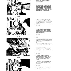 May include: Black and white technical manual page with diagrams and text detailing the testing of an injection pump. The images show close-ups of the pump with gauges and connections, and the text provides step-by-step instructions.