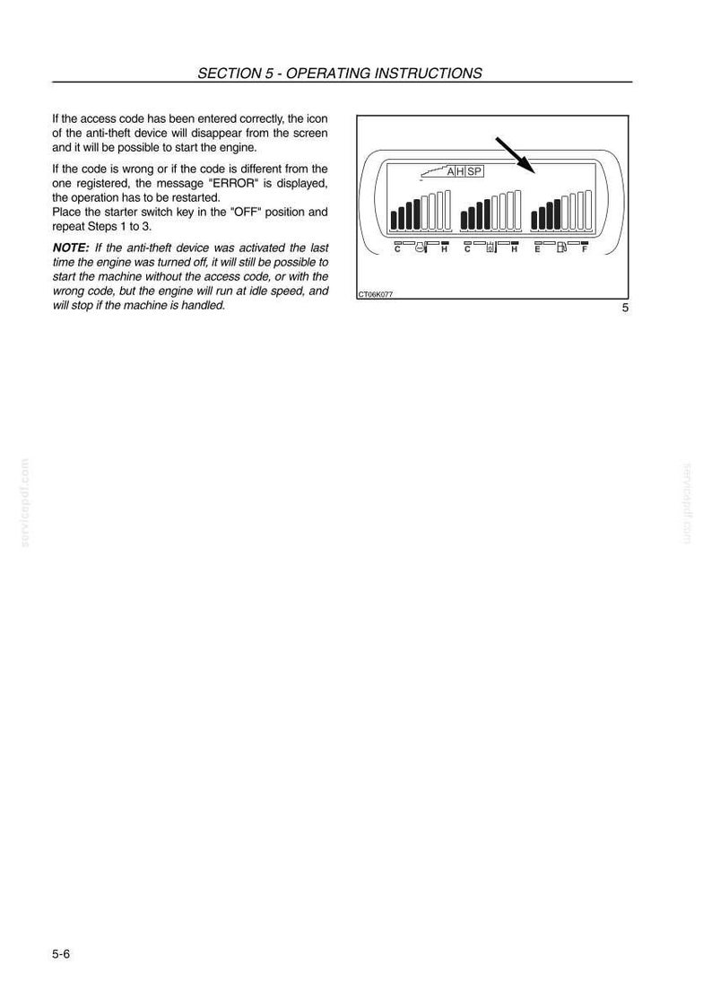 May include: Page from an operating manual with the title "SECTION 5 - OPERATING INSTRUCTIONS." The page includes text about an anti-theft device and a diagram of a display with bar graphs and the letters "AH SP."