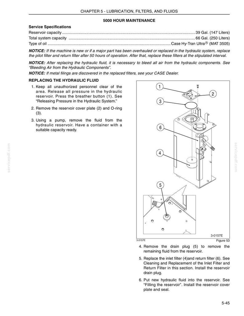 May include: A technical diagram from a manual detailing hydraulic fluid replacement. The image includes a schematic of a reservoir with numbered components, along with instructions and specifications for a 5000-hour maintenance procedure.