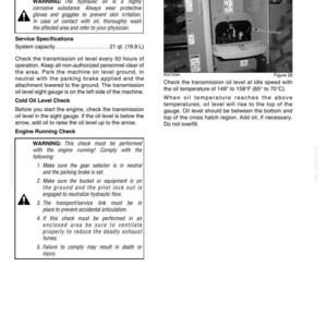 May include: Page from a maintenance manual detailing transmission oil level checks. Includes warnings about hydraulic oil, service specifications, and engine running checks. The system capacity is 21 qt (19.9 L).