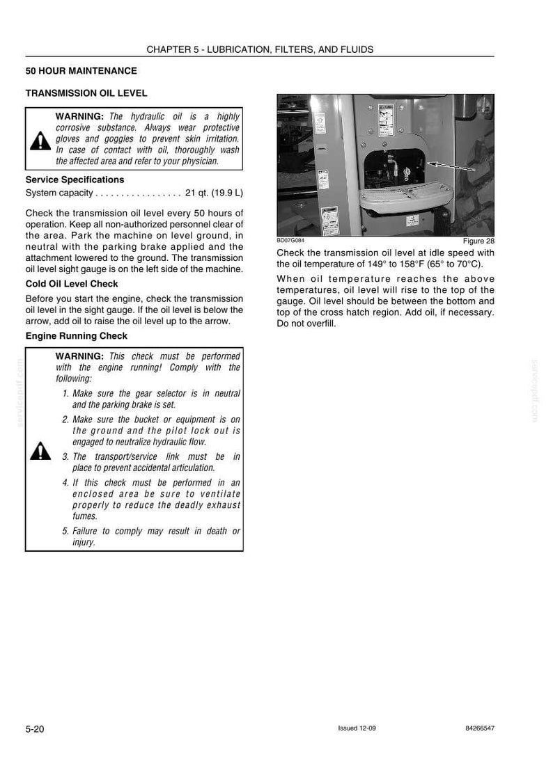May include: Page from a maintenance manual detailing transmission oil level checks. Includes warnings about hydraulic oil, service specifications, and engine running checks. The system capacity is 21 qt (19.9 L).